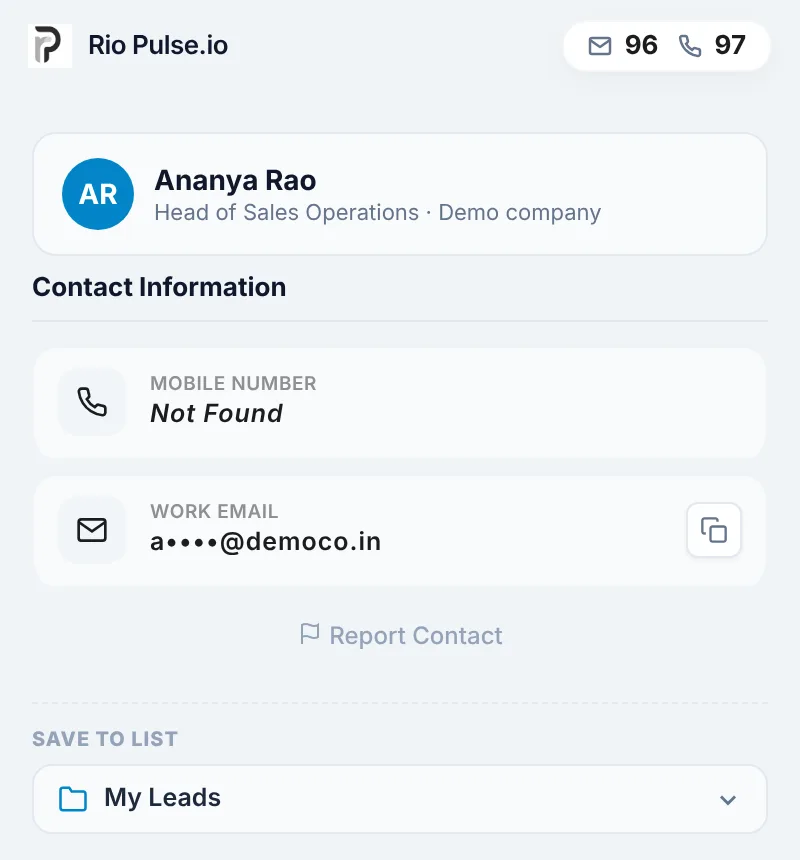 RioPulse Chrome extension showing a verified work email for a demo profile, details masked
