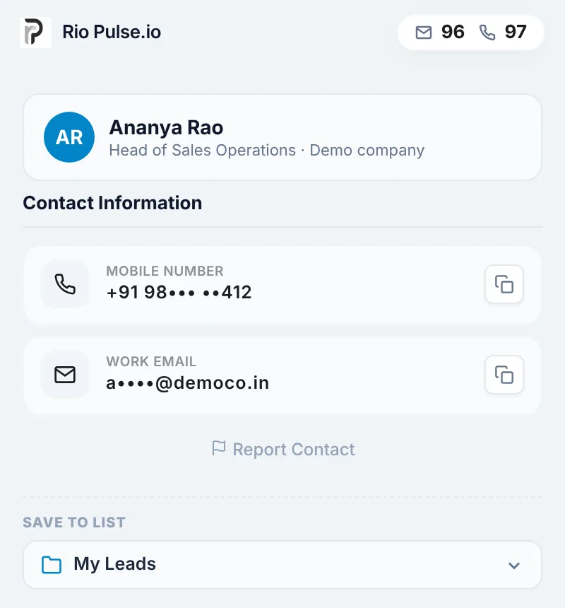 RioPulse extension showing both a mobile number and a work email for a demo profile