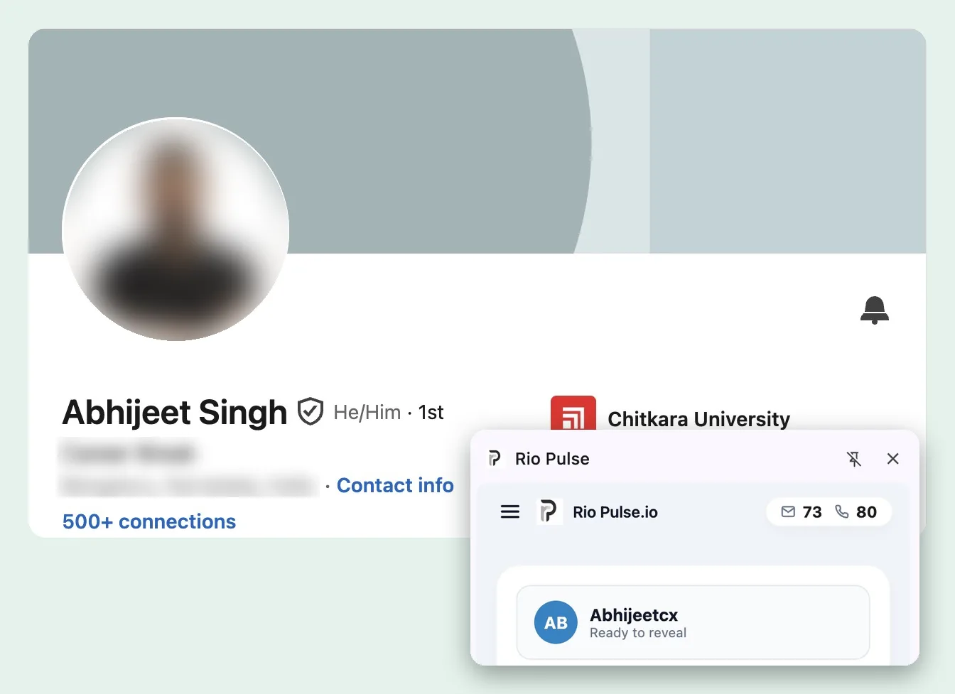 A LinkedIn profile with the RioPulse side panel open, ready to reveal