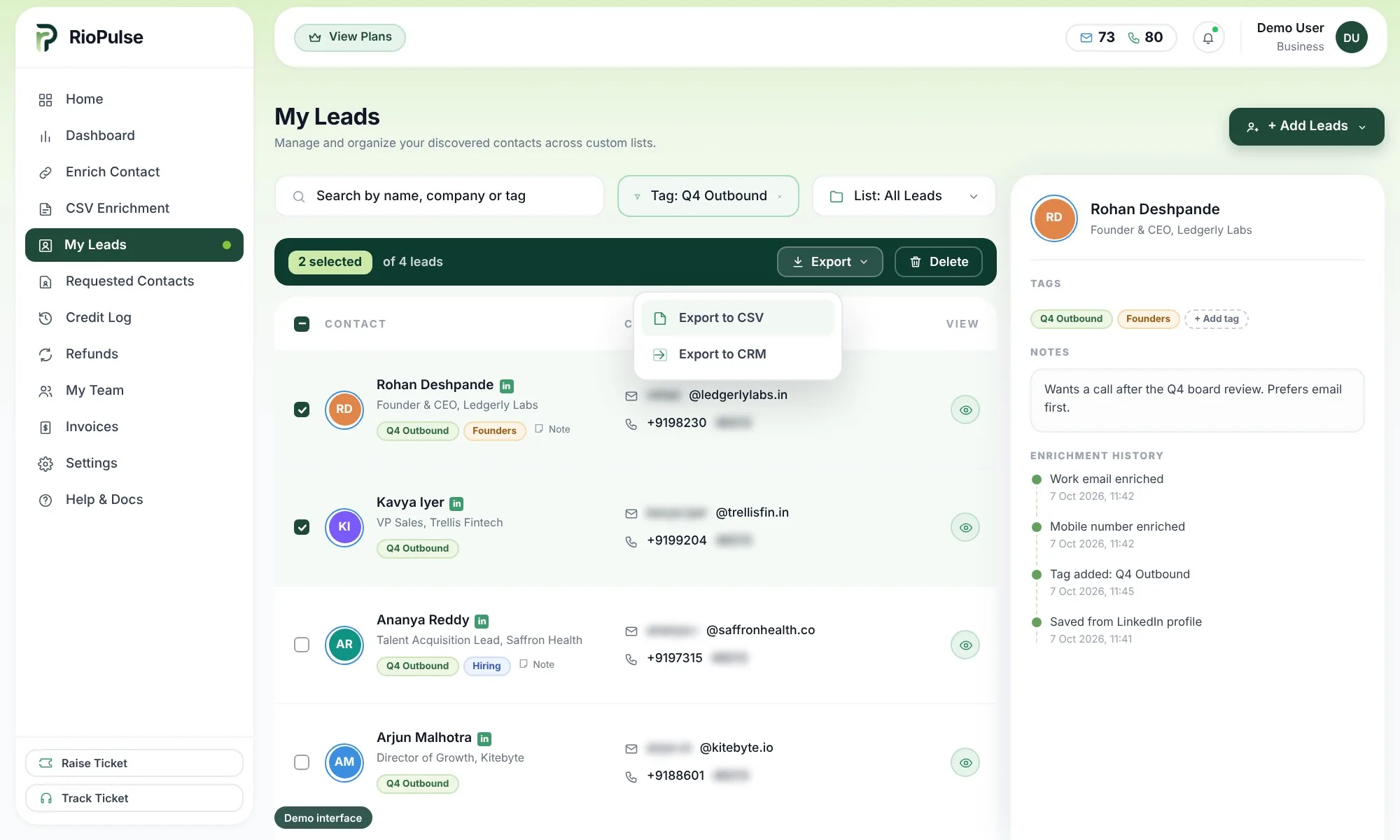 RioPulse My Leads: search, tag filter, two selected contacts, Export to CSV or Export to CRM, and a contact panel with tags, a note and enrichment history. Demo contacts, details masked